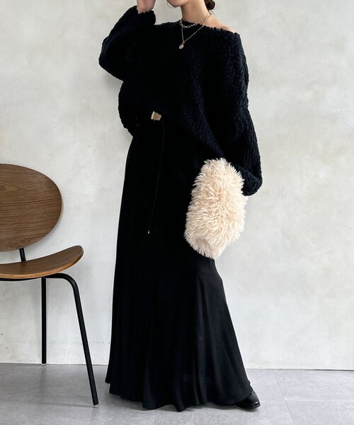 DouDou（ドゥドゥ）の「ウールスラブロービングニット（ニット/セーター・レディース・ネイビー/オフホワイト/オレンジ・FREE）」の20枚目の写真