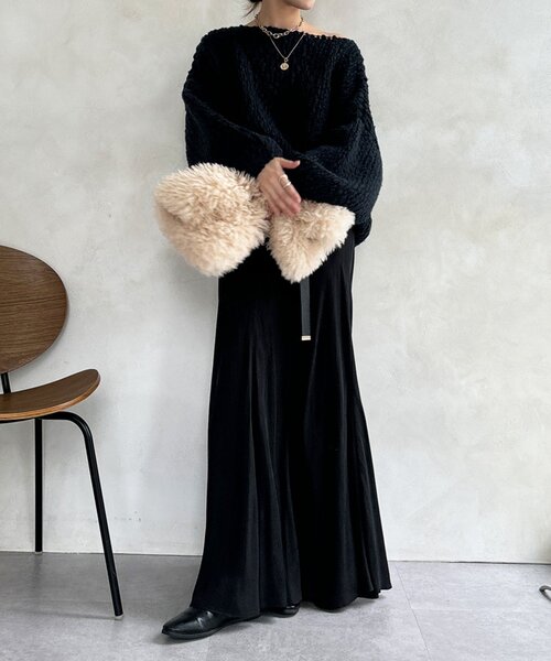 DouDou（ドゥドゥ）の「ウールスラブロービングニット（ニット/セーター・レディース・ネイビー/オフホワイト/オレンジ・FREE）」の21枚目の写真