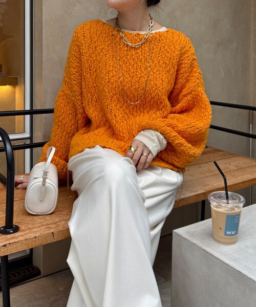 DouDou（ドゥドゥ）の「ウールスラブロービングニット（ニット/セーター・レディース・ネイビー/オフホワイト/オレンジ・FREE）」の5枚目の写真