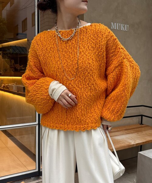 DouDou（ドゥドゥ）の「ウールスラブロービングニット（ニット/セーター・レディース・ネイビー/オフホワイト/オレンジ・FREE）」の7枚目の写真