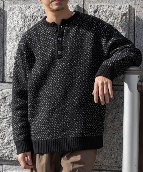 セール】『XLサイズあり』バーズアイ柄ヘンリーネックニット（ニット