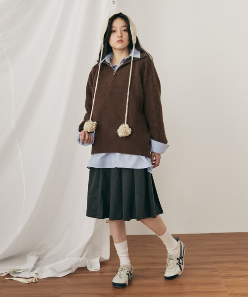 MERLOT（メルロー）の「ハーフジップワッフルニットプルオーバー（ニット/セーター・レディース・ピンク/ブラウン・FREE）」の8枚目の写真