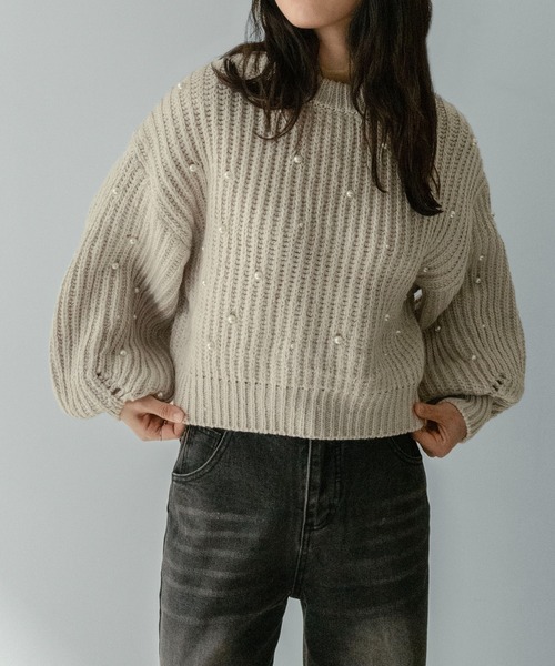 セール】【on:nue】[着用動画あり！]ざっくり編みパール付きボリューム