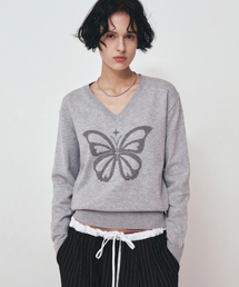 BUTTERFLY V NECK JACQUARD KNIT_GRAY