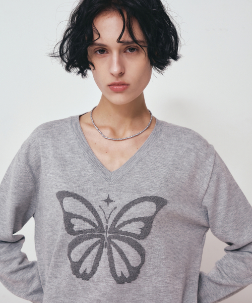 NICK&NICOLE(ニックアンドニコール)の「BUTTERFLY V NECK JACQUARD KNIT_GRAY(ニット/セーター・レディース・その他・FREE)」の2枚目の写真