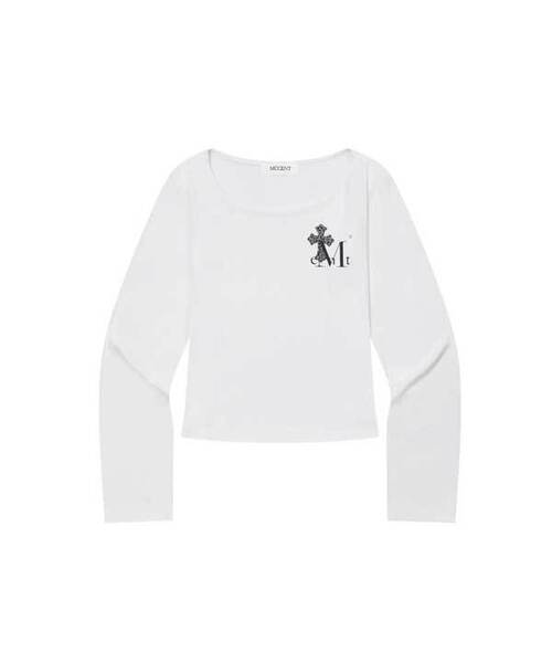 MUCENT(ムセント)の「サハラホピクロスユーネックスモールロゴ長袖Tシャツ(2カラー)(Tシャツ/カットソー・レディース・ホワイト/ブラック・FREE)」の2枚目の写真