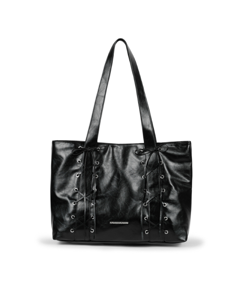 セール】Eyelet Ribbon Leather Shoulder Bag (Black)（ショルダー