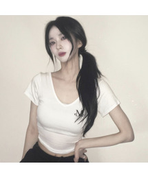 MUCENT（ムセント）の「オニキスシースルーシグネチャーロゴVネッククロップ半袖Tシャツ(7カラー)（Tシャツ/カットソー）」