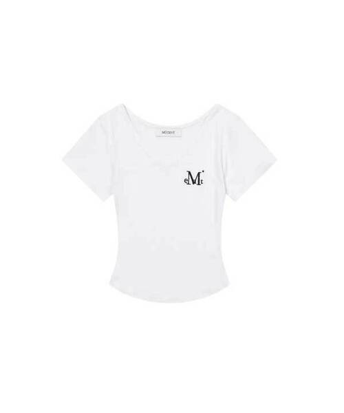 MUCENT（ムセント）の「オニキスシースルーシグネチャーロゴVネッククロップ半袖Tシャツ（7カラー）（Tシャツ/カットソー・レディース・Beige/ネイビー/ホワイト/チャコールグレー/ブラック/カーキ/スカイブルー・FREE）」の2枚目の写真
