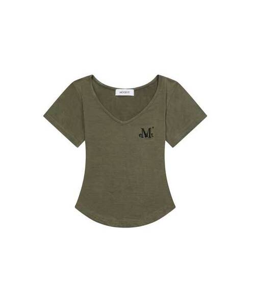 MUCENT（ムセント）の「オニキスシースルーシグネチャーロゴVネッククロップ半袖Tシャツ（7カラー）（Tシャツ/カットソー・レディース・Beige/ネイビー/ホワイト/チャコールグレー/ブラック/カーキ/スカイブルー・FREE）」の5枚目の写真