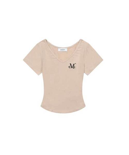MUCENT（ムセント）の「オニキスシースルーシグネチャーロゴVネッククロップ半袖Tシャツ（7カラー）（Tシャツ/カットソー・レディース・Beige/ネイビー/ホワイト/チャコールグレー/ブラック/カーキ/スカイブルー・FREE）」の4枚目の写真