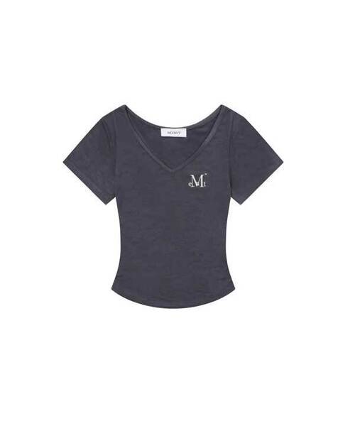 MUCENT（ムセント）の「オニキスシースルーシグネチャーロゴVネッククロップ半袖Tシャツ（7カラー）（Tシャツ/カットソー・レディース・Beige/ネイビー/ホワイト/チャコールグレー/ブラック/カーキ/スカイブルー・FREE）」の3枚目の写真