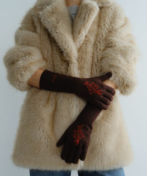 FLOWER JACQUARD GLOVES - BROWN
