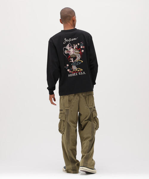 ヒスミニ エンジェル 総柄 セトア レッド 長袖 FREE 80-90 SOUVENIR L/S T-SHIRT 'DRAGON＆ CHERRY BLOSSOMS' / スーベニア 長袖T
