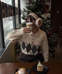Reurie' | アーガイルオーバーニット(sayaka select) 秋 冬 トップス レトロ クラシカル ポロニット 上品 カジュアル シンプル(ニット/セーター)