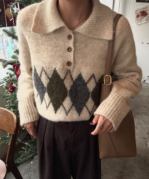 アーガイルオーバーニット(sayaka select) 秋 冬 トップス レトロ