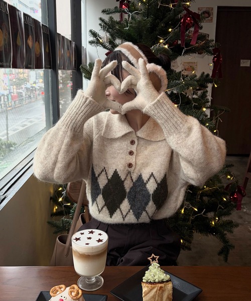 アーガイルオーバーニット(sayaka select) 秋 冬 トップス レトロ