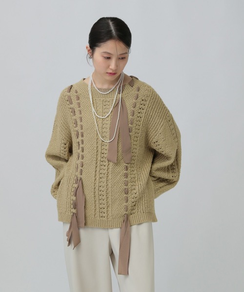 LEPSIM（レプシィム）の「5ゲージ異素材編み柄プルオーバー　639432（ニット/セーター・レディース・ライトグリーン/アイボリー/ベージュ・FREE）」の5枚目の写真