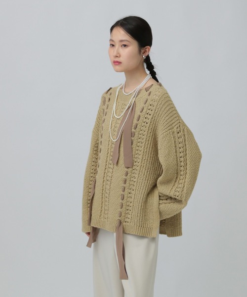 LEPSIM（レプシィム）の「5ゲージ異素材編み柄プルオーバー　639432（ニット/セーター・レディース・ライトグリーン/アイボリー/ベージュ・FREE）」の6枚目の写真