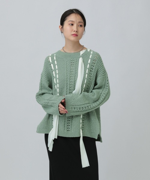 LEPSIM（レプシィム）の「5ゲージ異素材編み柄プルオーバー　639432（ニット/セーター・レディース・ライトグリーン/アイボリー/ベージュ・FREE）」の11枚目の写真