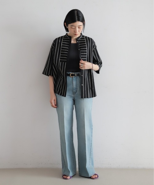 NOMBRE IMPAIR（ノンブルアンペール）の「【予約】コットンストライプ　ツイストタックシャツ（シャツ/ブラウス・レディース・ブラック/キナリ・FREE）」の11枚目の写真