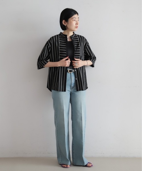 NOMBRE IMPAIR（ノンブルアンペール）の「【予約】コットンストライプ　ツイストタックシャツ（シャツ/ブラウス・レディース・ブラック/キナリ・FREE）」の12枚目の写真