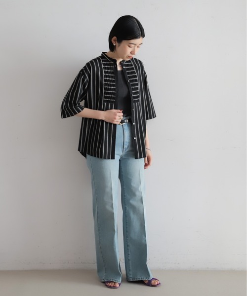 NOMBRE IMPAIR（ノンブルアンペール）の「【予約】コットンストライプ　ツイストタックシャツ（シャツ/ブラウス・レディース・ブラック/キナリ・FREE）」の13枚目の写真