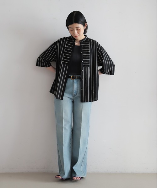 NOMBRE IMPAIR（ノンブルアンペール）の「【予約】コットンストライプ　ツイストタックシャツ（シャツ/ブラウス・レディース・ブラック/キナリ・FREE）」の14枚目の写真