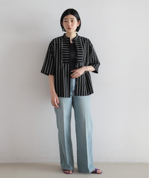 NOMBRE IMPAIR（ノンブルアンペール）の「【予約】コットンストライプ　ツイストタックシャツ（シャツ/ブラウス・レディース・ブラック/キナリ・FREE）」の17枚目の写真