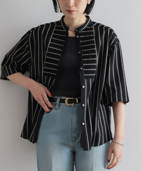 NOMBRE IMPAIR（ノンブルアンペール）の「【予約】コットンストライプ　ツイストタックシャツ（シャツ/ブラウス・レディース・ブラック/キナリ・FREE）」の19枚目の写真