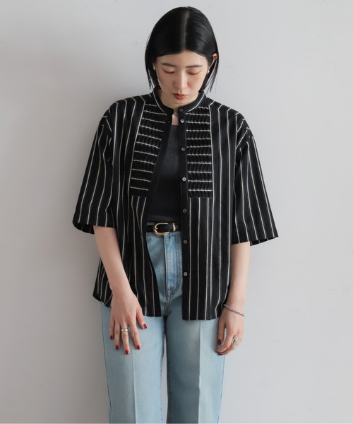 NOMBRE IMPAIR（ノンブルアンペール）の「【予約】コットンストライプ　ツイストタックシャツ（シャツ/ブラウス・レディース・ブラック/キナリ・FREE）」の18枚目の写真