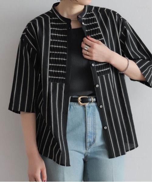 NOMBRE IMPAIR（ノンブルアンペール）の「【予約】コットンストライプ　ツイストタックシャツ（シャツ/ブラウス・レディース・ブラック/キナリ・FREE）」の21枚目の写真