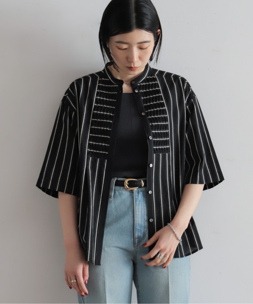 NOMBRE IMPAIR（ノンブルアンペール）の「【予約】コットンストライプ　ツイストタックシャツ（シャツ/ブラウス・レディース・ブラック/キナリ・FREE）」の22枚目の写真