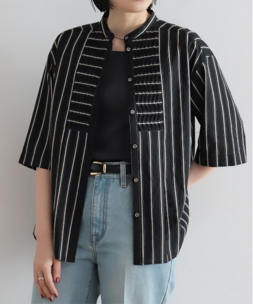 NOMBRE IMPAIR（ノンブルアンペール）の「【予約】コットンストライプ　ツイストタックシャツ（シャツ/ブラウス・レディース・ブラック/キナリ・FREE）」の20枚目の写真