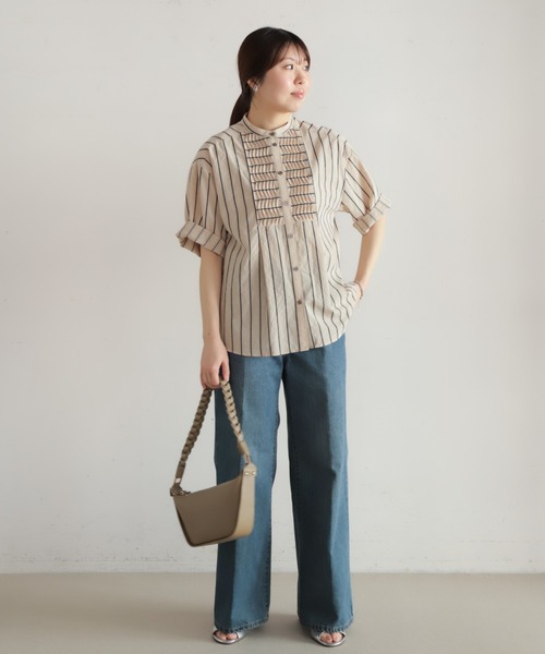 NOMBRE IMPAIR（ノンブルアンペール）の「【予約】コットンストライプ　ツイストタックシャツ（シャツ/ブラウス・レディース・ブラック/キナリ・FREE）」の6枚目の写真