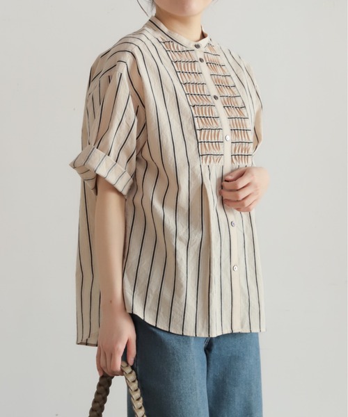 NOMBRE IMPAIR（ノンブルアンペール）の「【予約】コットンストライプ　ツイストタックシャツ（シャツ/ブラウス・レディース・ブラック/キナリ・FREE）」の10枚目の写真