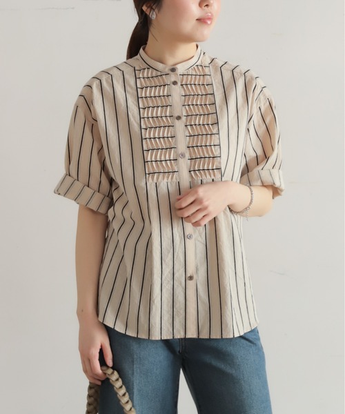 NOMBRE IMPAIR（ノンブルアンペール）の「【予約】コットンストライプ　ツイストタックシャツ（シャツ/ブラウス・レディース・ブラック/キナリ・FREE）」の8枚目の写真