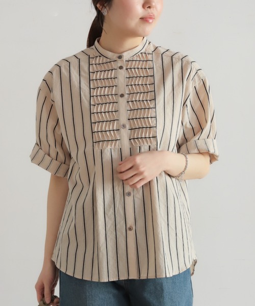 NOMBRE IMPAIR（ノンブルアンペール）の「【予約】コットンストライプ　ツイストタックシャツ（シャツ/ブラウス・レディース・ブラック/キナリ・FREE）」の4枚目の写真