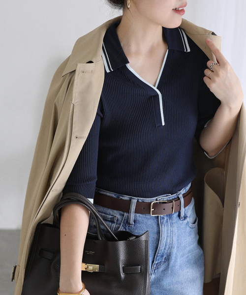 La TOTALITE（ラトータリテ）の「【洗える】バイカラーポロ襟ニット（ニット/セーター・レディース・ホワイト/ネイビー/レモンイエロー・FREE）」の2枚目の写真