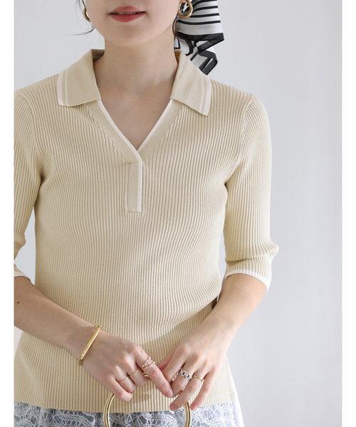 La TOTALITE（ラトータリテ）の「【洗える】バイカラーポロ襟ニット（ニット/セーター・レディース・ホワイト/ネイビー/レモンイエロー・FREE）」の6枚目の写真