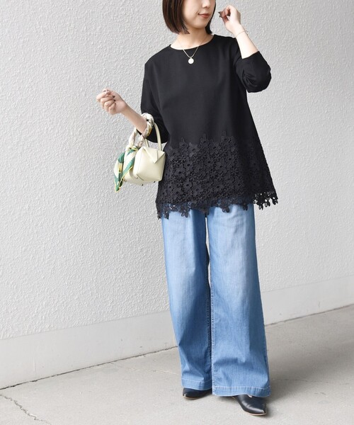 SHIPS Colors(シップス カラーズ)の「【WEB限定】SHIPS Colors:ポンチ レース コンビ トップス(無地)◆(Tシャツ/カットソー・レディース・オフホワイト/ブラック・ONE SIZE)」の17枚目の写真