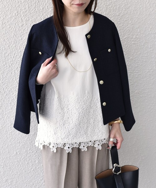 SHIPS Colors(シップス カラーズ)の「【WEB限定】SHIPS Colors:ポンチ レース コンビ トップス(無地)◆(Tシャツ/カットソー・レディース・オフホワイト/ブラック・ONE SIZE)」の19枚目の写真