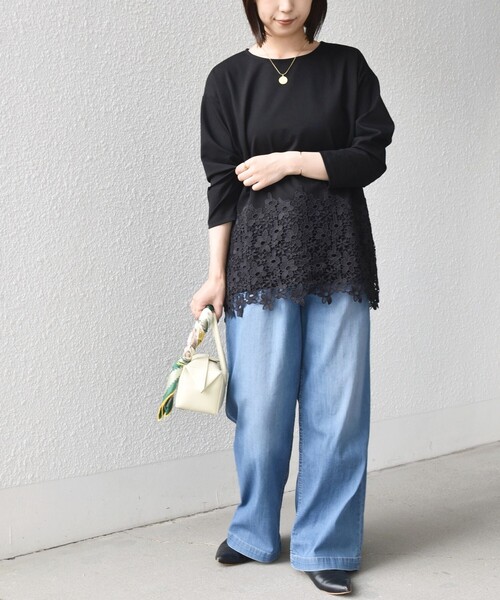 SHIPS Colors(シップス カラーズ)の「【WEB限定】SHIPS Colors:ポンチ レース コンビ トップス(無地)◆(Tシャツ/カットソー・レディース・オフホワイト/ブラック・ONE SIZE)」の5枚目の写真