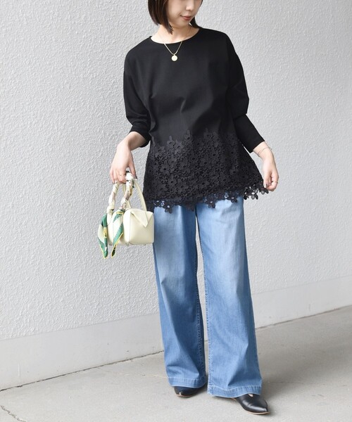 SHIPS Colors(シップス カラーズ)の「【WEB限定】SHIPS Colors:ポンチ レース コンビ トップス(無地)◆(Tシャツ/カットソー・レディース・オフホワイト/ブラック・ONE SIZE)」の6枚目の写真