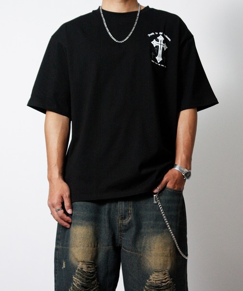 NYLAUS(ナイラス)の「【NYS】オーバーサイズ クロス 半袖Tシャツ ロゴTシャツ(Tシャツ/カットソー・メンズ・ブラック系その他/ブラック/ホワイト・L/M)」の4枚目の写真