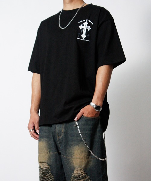 NYLAUS(ナイラス)の「【NYS】オーバーサイズ クロス 半袖Tシャツ ロゴTシャツ(Tシャツ/カットソー・メンズ・ブラック系その他/ブラック/ホワイト・L/M)」の7枚目の写真