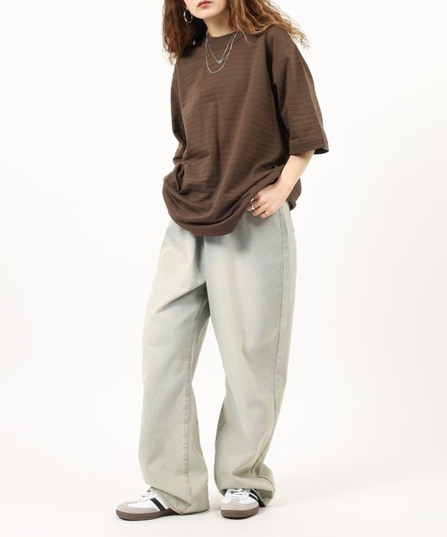 MN+LA（エムエヌエルエー）の「MN+LA STRIPED PIQUE MOCKNECK TEE ストライプモックネック半袖Tシャツ（Tシャツ/カットソー・メンズ・テラコッタ/ウッド・2XL/XL/M/L）」の6枚目の写真