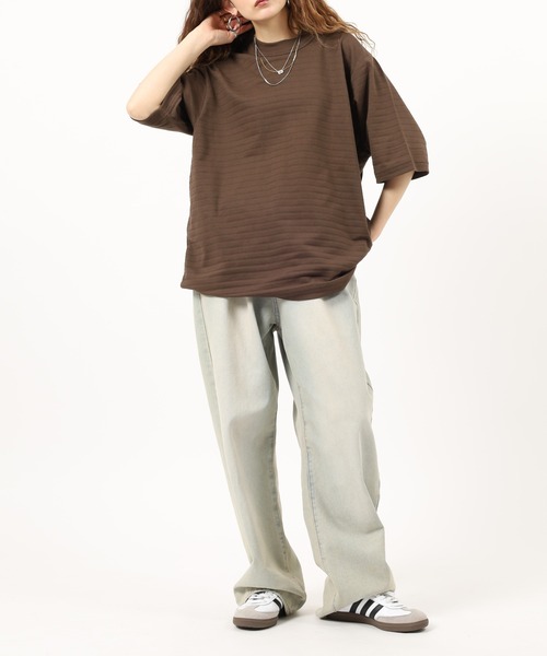 MN+LA（エムエヌエルエー）の「MN+LA STRIPED PIQUE MOCKNECK TEE ストライプモックネック半袖Tシャツ（Tシャツ/カットソー・メンズ・テラコッタ/ウッド・2XL/XL/M/L）」の7枚目の写真