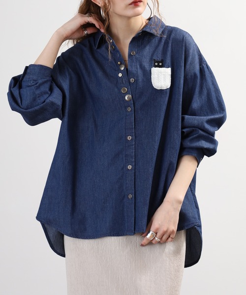 Quelle Chance(ケルシャンス)の「多釦 キャットシャツ 長袖(シャツ/ブラウス・レディース・ブルー/ネイビー・M/L)」の1枚目の写真
