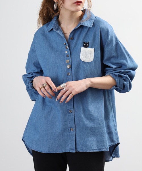 Quelle Chance(ケルシャンス)の「多釦 キャットシャツ 長袖(シャツ/ブラウス・レディース・ブルー/ネイビー・M/L)」の2枚目の写真